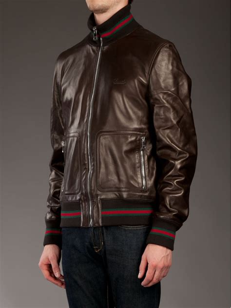 gucci mens brown leather jacket|gucci fur denim jacket.